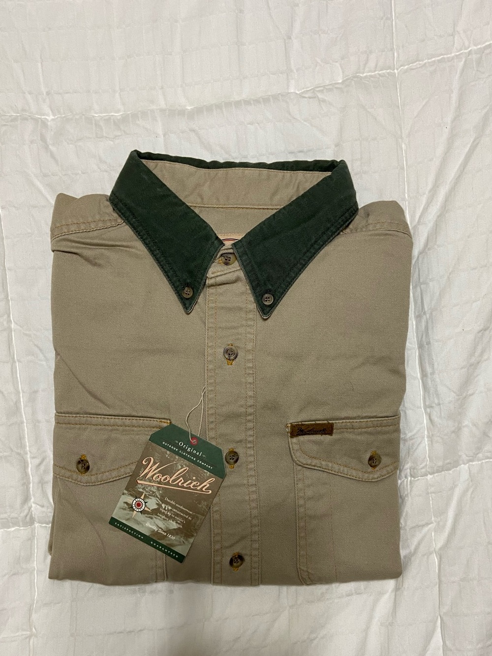 Woolrich Tan Shirt Jacket with Dark Green Collar